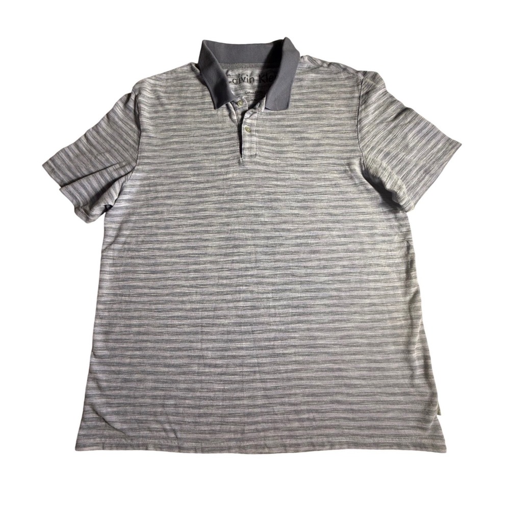 Calvin Klein Mens‎ XL Polo Shirt Grey Space Dye with Striped Short Sleeve Cotton